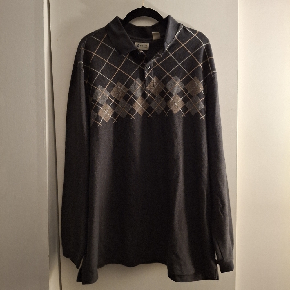 Haggar Men's Gray Argyle Long Sleeve Polo Shirt